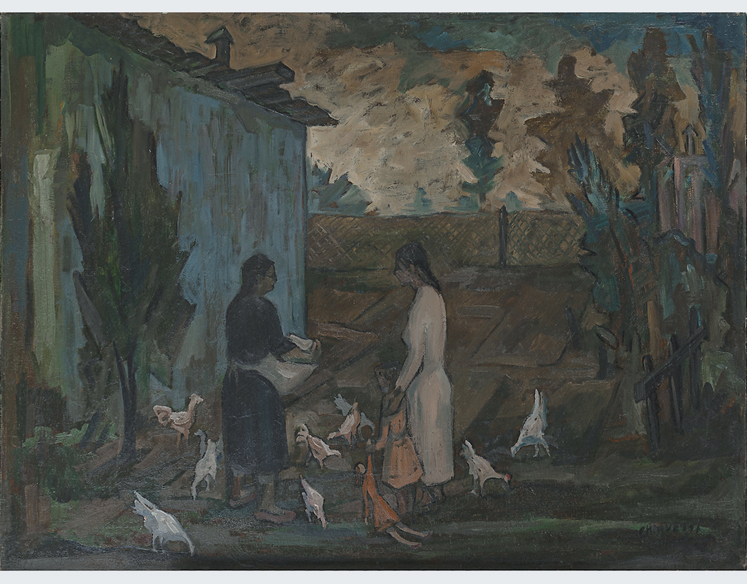 Cuadro de mujeres charlando y alimentando gallinas